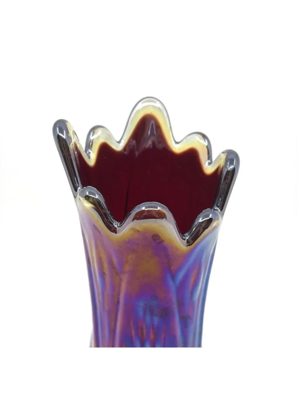 Vintage Indiana Glass Heirloom Iridescent Sunset Swung Vase 10